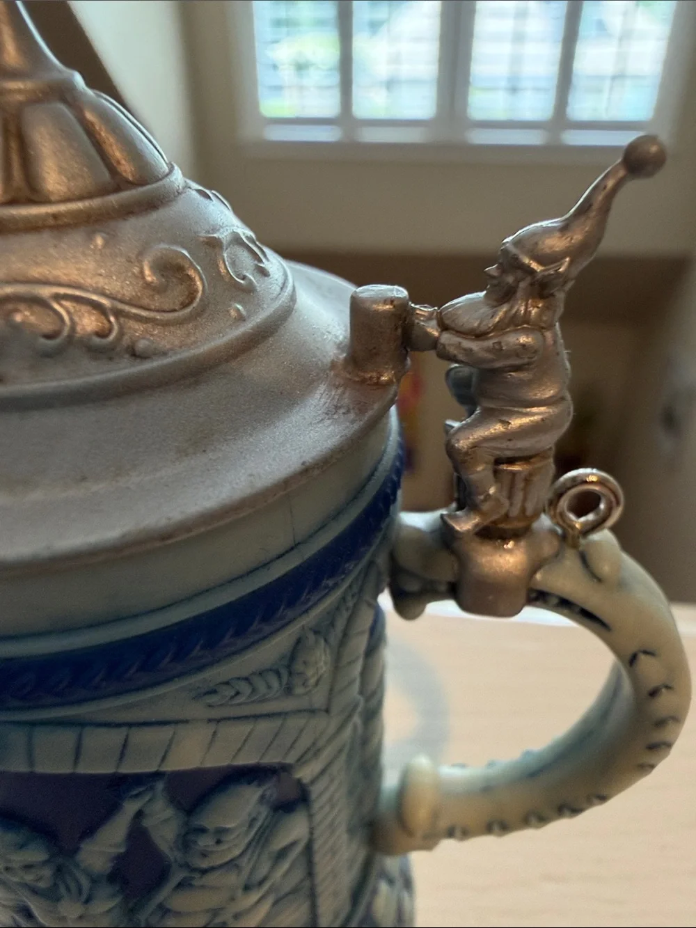 Hallmark Blue and White Ceramic-Style Beer Stein Ornament with Pewter-Tone Lid